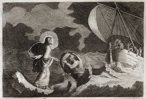Bíblia de Royaumont, Novo Testamento: São Pedro caminha sobre a água. Jesus Cristo caminha sobre o mar, e faz São Pedro caminhar ali. Ilustração de 1811. de Unknown artist