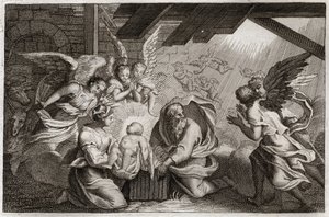 Bíblia de Royaumont, Novo Testamento: A Natividade. Jesus Cristo nasceu da Bem-Aventurada Virgem Maria num estábulo em Belém. Ilustração de 1811. de Unknown artist