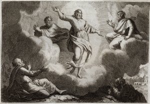 Bíblia de Royaumont, Novo Testamento: A Transfiguração de Jesus Cristo. Cristo rodeia Moisés e Elias com o apóstolo São João, Pedro e Tiago. Ilustração de 1811. de Unknown artist