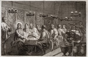 Bíblia de Royaumont, Novo Testamento: O Casamento de Caná. O primeiro milagre de Jesus Cristo que transformou água em vinho. Ilustração de 1811. de Unknown artist