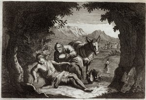 Bíblia de Royaumont, Novo Testamento: A parábola do Bom Samaritano. O samaritano parou no seu caminho para resgatar o homem em perigo. Ilustração de 1811. de Unknown artist