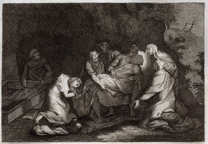 Bíblia de Royaumont, Novo Testamento: Tumba. Sepulcro de Jesus Cristo. Entre os personagens que rodeiam o corpo de Jesus Cristo: a Virgem Maria, São Nicodema, São José de Arimatéia, São João Evangelista e Santa Maria Madalena. Ilustração a partir de 18 de Unknown artist