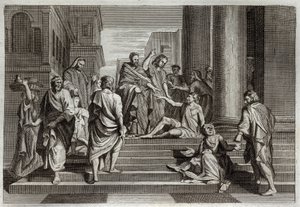 Bíblia de Royaumont, Novo Testamento: Guerra do coxo. São Pedro, acompanhado por São João, guerreou milagrosamente um coxo em Jerusalém. Ilustração de 1811. de Unknown artist
