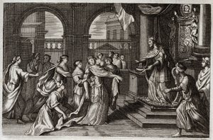 Bíblia de Royaumont, Velho Testamento: Ester irá apresentar-se perante o Rei Xerxes I (Assuero I), com a intenção de salvar o seu povo da morte que o ameaçou. Ilustração de 1811. de Unknown artist