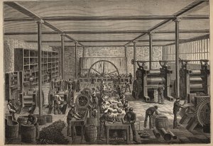 Borracha: fábrica de borracha. Gravura de 1885 em "Les arts et metiers illustres" de Adolphe BITARD. de Unknown artist