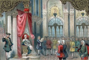 A política de modernização da Rússia: Catarina II da Rússia (1729-1796) proclama a reorganização do Império Russo. Em 1785, deu muito mais poderes e direitos aos nobres do império. Cromolitografia tardia do século XIX. de Unknown artist