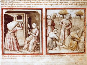 Ruth e Noemi (Naomi, Noemie) trabalhando nos campos de Boaz (Booz) Miniatura do códice 212 (ou códice padovano ou Bíblia de Pádua) 1390-1400 Rovigo, Accademia dei Concordi de Unknown artist