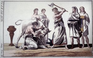Sacrifício de um touro. Costume na antiguidade romana. Gravura do início do século XIX. de Unknown artist