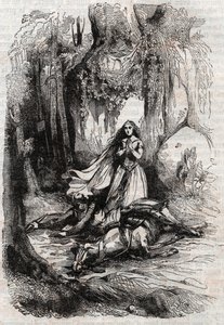 Sacripant (Sacripante) desarconne na presença de Angelica (Angelica) - gravura de 1851 de "Roland furieux" (Orlando furioso) (século XVI) de Ludovico Ariosto, conhecido como Ariosta - Edição traduzida do italiano pelo Conde de Tressan e p de Unknown artist
