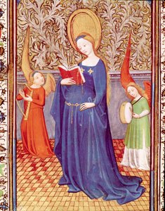 Santa Cécile rodeada por dois anjos músicos Miniatura tirada de "As Horas de Eduardo I (Duarte) de Portugal (1391-1438)" Lisboa do século XV, Torre do Tombo de Unknown artist