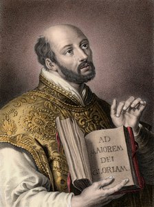 Santo Inácio de Loyola (1491-1556), teólogo espanhol, com um livro com o lema latino da Companhia de Jesus "Ad maiorem Dei gloriam" (Para a maior glória de Deus) - Retrato de Inácio de Loyola (Santo Inácio ou Santo Inácio) de Unknown artist