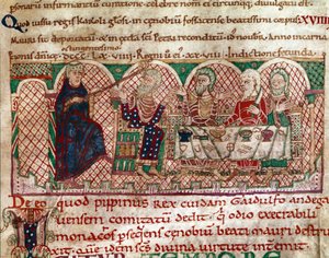 São Maurício (512-584) fundador do mosteiro de Flanfeuil (São Maurício) em Anjou é recebido na mesa do Gaidulfe de Ravenna, perseguidor dos monges e castiga-o Miniatura da Vida e Milagres de São Maurício" (ms 2273) 1100-1140 Biblioteca Municipal de Anjou de Unknown artist
