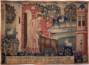 São Vaast e o Urso. São Vaast, São Vedast ou São Gaston (falecido em 540, eveque e padroeiro de Arras e sua diocese) doma o animal nas margens do rio Crinchon. Tapeçaria, segunda metade do século XV. Museu de Belas Artes de Arras de Unknown artist