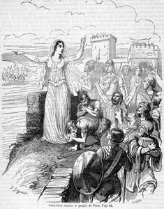 Sainte Geneviève, organiza a defesa de Paris contra as hordas de Átila e tranquiliza o povo de Paris - no "Histoire de France" de Anquetil de Unknown artist