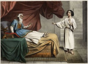 Samuel, que ouve a voz do Senhor chamando-o no meio da noite, pensa que este é seu mentor, o sumo sacerdote Eli (Heli). Gravura anónima de meados do século XIX. de Unknown artist