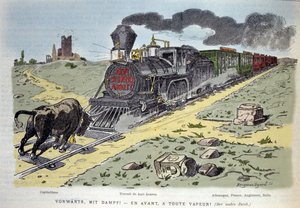 Vinheta alegórica satírica: o touro símbolo do capitalismo tenta deter o comboio da reforma laboral. Cada vagão é projetado para um país: Alemanha, França, Inglaterra, Itália, 1897 de Unknown artist