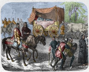 Cena retratando os reis preguiçosos: Rei de França Thierry III (673-691) transporta num tanque com uma cama puxada por bois. de Unknown artist