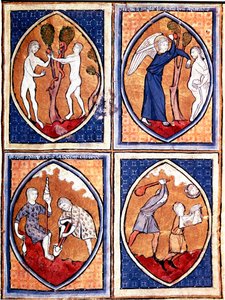 Cenas da Bíblia representadas em mandíbulas. Adão e Eva apanhando o fruto proibido, e depois caçando do céu. Lá em baixo Adão trabalha a terra e Eva dá a lã, Caim e Abel. Miniatura de um manuscrito do século XIII. Porto, Biblioteca Municipal de Unknown artist