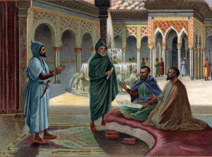 Cenas de Reinos Desaparecidos: Conselho Mouro (Mouro, nome dado aos árabes que ocupavam parte da Espanha) no Palácio Alhambra, em Granada. Granada é o último estado mouro, terminado em 1482. Cromolitografia do século XIX. de Unknown artist