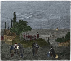Experiência científica: o cálculo da velocidade do som, por Humboldt, Louis-Joseph Gay-Lussac (Louis Joseph Gay Lussac), Bouvard, Prony e Mathieu, que determina o tempo decorrido entre a percepção da luz e a de um disparo de arma, na noite de Unknown artist
