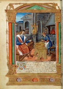 Escultura: um mestre controla a obra de seu aprendiz, esculpindo uma águia. Miniatura de "Roman de Theseus de Cologne et de Godifer" Paris do século XVI, B.N. de Unknown artist
