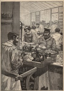 Esquima-marinha: fabrico de tubos de esquima-marinha. Gravura a partir de 1885 em "Les arts et metiers illustres" de Adolphe BITARD. de Unknown artist