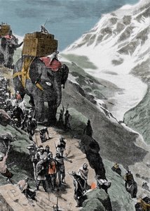 Segunda Guerra Púnica. O exército de Hannibal Barca atravessando os Alpes, 218 AC. Gravura italiana do século XIX. de Unknown artist