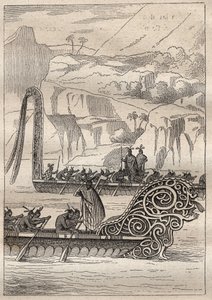 Segunda viagem (1772-1775) pelo Capitão James Cook (1728-1779): Canoas de guerra neozelandesas (Neo Zelandesas) - ilustração tirada de "Os Grandes Marinheiros do Século XVIII". de Unknown artist