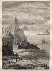 Segunda viagem (1772-1775) do Capitão James Cook (1728-1779): vista do Canal Noel, Terre de Fuego - ilustração tirada de "Os Grandes Marinheiros do século XVIII". de Unknown artist