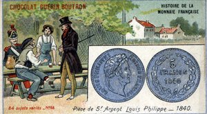 Série Histoire de la Monnaie Française publicada pelo Chocolat Guérin Boutron. Cromolitografia do século XIX. Moeda de prata de 5 francos. Louis Philippe 1o. em 1840 de Unknown artist