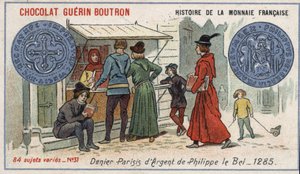 Série Histoire de la Monnaie Française publicada pelo Chocolat Guérin Boutron. Cromolitografia do século XIX. Negador de prata por Philippe le Bel em 1285 de Unknown artist