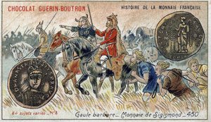 Série Histoire de la Monnaie Française publicada pelo Chocolat Guérin Boutron. Cromolitografia do século XIX. Gaulês Bárbaro. Moeda Sigismond. de Unknown artist