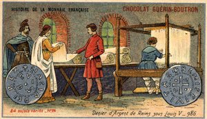 Série Histoire de la Monnaie Française publicada pelo Chocolat Guérin Boutron. Cromolitografia do século XIX. O Denier de Prata de Reims sob Louis V. em 986 de Unknown artist