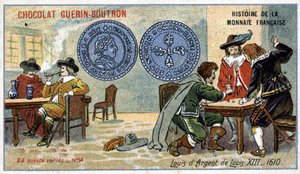Série Histoire de la Monnaie Française publicada pelo Chocolat Guérin Boutron. Cromolitografia do século XIX. Louis XIII Silver Louis em 1610 de Unknown artist