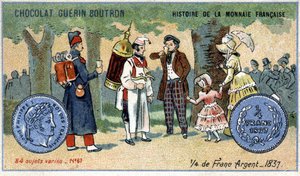 Série Histoire de la Monnaie Française publicada pelo Chocolat Guérin Boutron. Cromolitografia do século XIX. um quarto de francos de prata em 1837 de Unknown artist