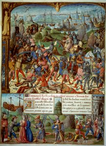 Sétima Cruzada (1248-1254). No topo, Luís IX (Saint Louis) (1215-1270), Rei da França, com as travessias depois de ser derrotado pelos sarracenos em Mansourah em 1250. Eles se retiraram atrás das torres de Damasco. Luís IX e seus dois irmãos são levados pr de Unknown artist