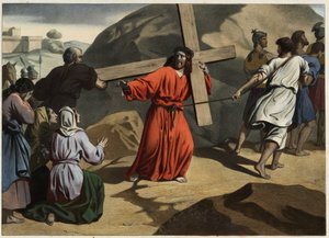 Ela subiu ao Calvário: Jesus carregando a sua cruz consola as filhas de Jerusalém. Gravura anônima de meados do século XIX. de Unknown artist