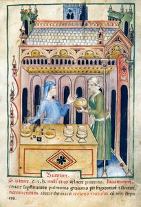 Loja com pão de manteiga e duas mulheres, ilustração de Tacuinum sanitatis, manuscrito iluminado, reedição em latim de uma obra árabe do século XI de Unknown artist