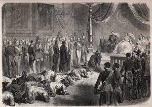 Os embaixadores do Sião rastejam em direção à família francesa imperiosa durante uma audiência solene em Fontainebleau na presença de Napoleão III (1808-1873), Eugenie (Eugenia de Montijo) de Unknown artist