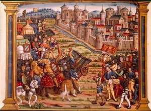 O cerco de uma cidade com bombas: Luís XI contra os Liegeois. Miniatura tira do manuscrito "Les epitaphes des feux kings Louis XIth deste nome e de Carlos seu filho VIII deste nome que deus absoe". de Unknown artist