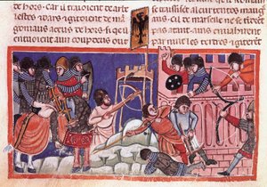 Sítio de uma cidade fortificada. Miniatura de um códice sobre os fatos de Jules Cesar (101 a.C.-44 a.C.) Veneza do século XIV, Biblioteca marciana de Unknown artist