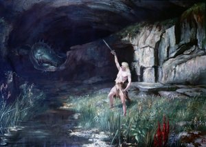 Siegfried, de frente para o dragão Fafner, acenou com a sua espada. Palco da Ópera "Anel dos Nibelungos" de Richard Wagner (1813 - 1883). Pintura. de Unknown artist