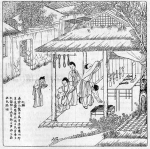 A seda e o verme da seda na China: graças à deusa da seda. Gravura em "La Nature: Revue des sciences et de leurs applications aux arts et a l