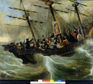 Afundamento de um navio suíço de emigrantes. Ex voto de 1856 do santuário da Madonna del Sasso em Locarno. Pintura atribuída a Giovanni Antonio Vanoni. de Unknown artist