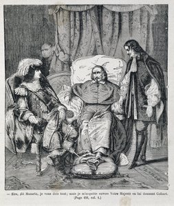 Majestade, disse Mazarin, "Eu lhe devo tudo: mas eu pago a Vossa Majestade dando-lhe Colbert." O Cardeal Jules Mazarin (Giulio Raimondo Mazzarino ou Mazarino) (1602-1661) apresenta Jean Baptiste (Jean-Baptiste) Colbert (1619-1683) a Luís XIV (1638-1715) Il de Unknown artist