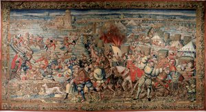 Sexta Guerra Italiana (1521-1526): representação da Batalha de Pavia (Pavia) em 24/02/1525, que viu a derrota de François I contra Charles V. Tapestry. Nápoles. Museo Nazionale di Capodimonte. de Unknown artist