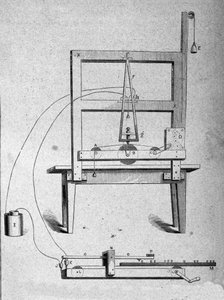 Esboço do primeiro telégrafo do inventor americano Samuel Finley Breese Morse (1791- 1872). Gravura do século XIX de Unknown artist