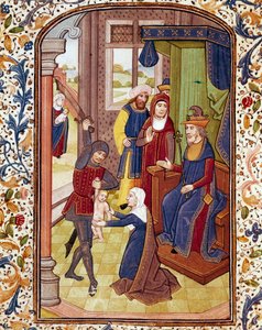 O Julgamento de Salomão Duas mulheres fingem ser a mãe da mesma criança. Miniatura de um manuscrito da Biblioteca da Universidade de Coimbra do século XV. de Unknown artist