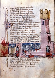 Canto de gesto: cena de combate perto de uma cidade fortificada (provavelmente a conquista da Espanha pelo exército de Carlos Magno). Miniatura do manuscrito franco-italiano "Entreée d