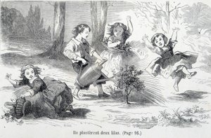 Sophie e seus amigos plantam lilás - em "Os infortúnios da Sophie" pela Condessa de Ségur, Hachette de Unknown artist